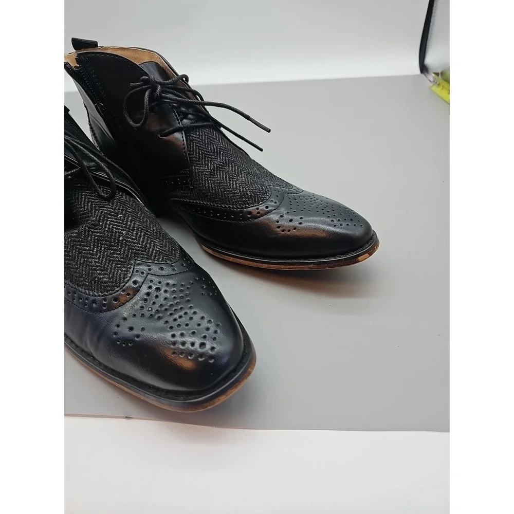 Mens High Top Boot Gino Vitale Leather Wingtip Zip Herringbone Tweed Black Sz 8.